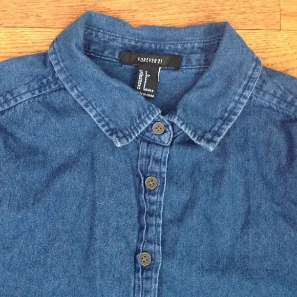 WOMENS S CHAMBRAY DENIM SHIRT LONG SLEEVE 100% COTTON BLUE 37"x 25.5" FOREVER 21 - Picture 5 of 14